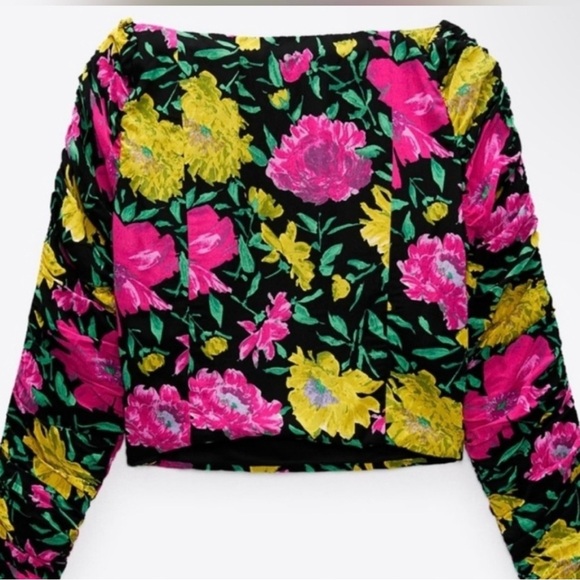 NWT. $50R Zara Off Shoulder Sweetheart Neckline Floral Crop Top Blouse - Picture 7 of 8